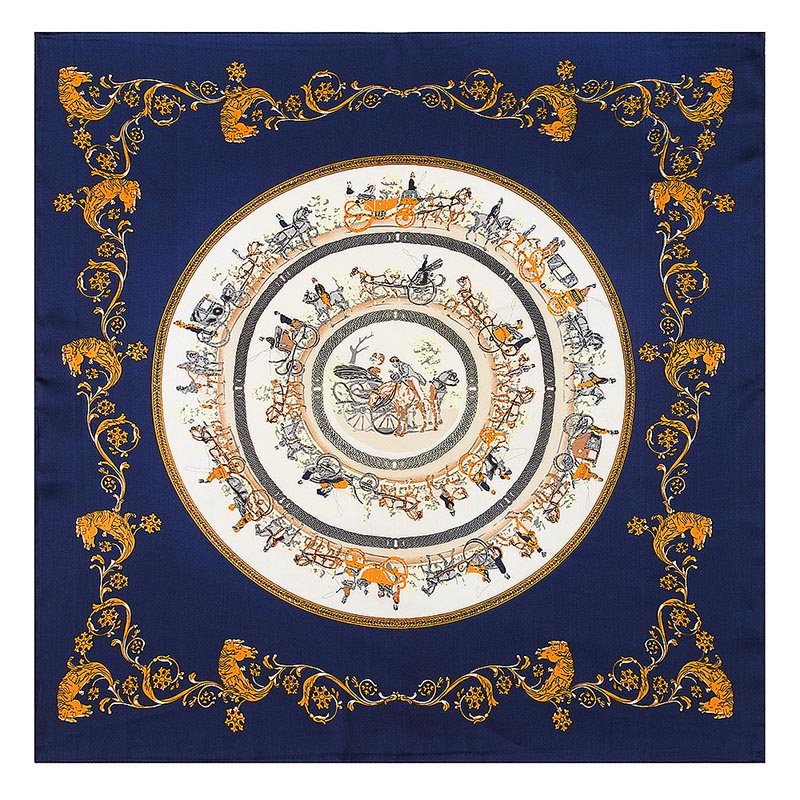 Women Print 100% Silk Scarf Jeu Des Omnibus Et Dames Blanches Foulard Femme Joker Blue Square Twill Scarves 60*60CM