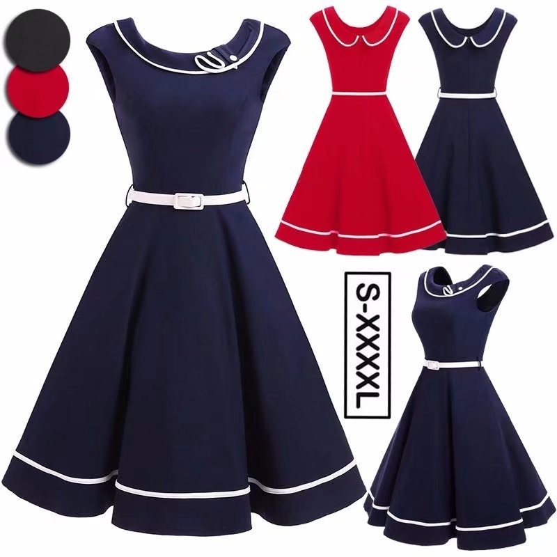 Cool Girl Audrey Hepburn Navy Blue Sleeveless Casual Midi Vintage Retro Rockabilly Dress