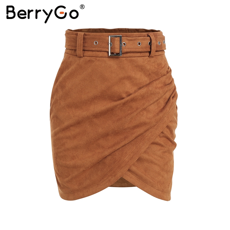 BerryGo Asymmetric suede leather women skirt High waist belt bodycon mini skirt Autumn winter female streetwear pencil