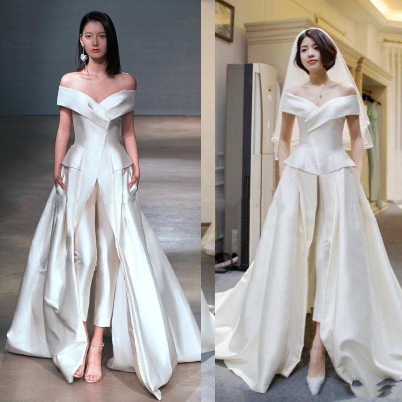Elegant Ivory Off Shoulder Evening Dresses Women Formal Jumpsuits Detachable Overskirt Split Front Prom Dress 2023 Pants Suits Vestidos Reception Gown