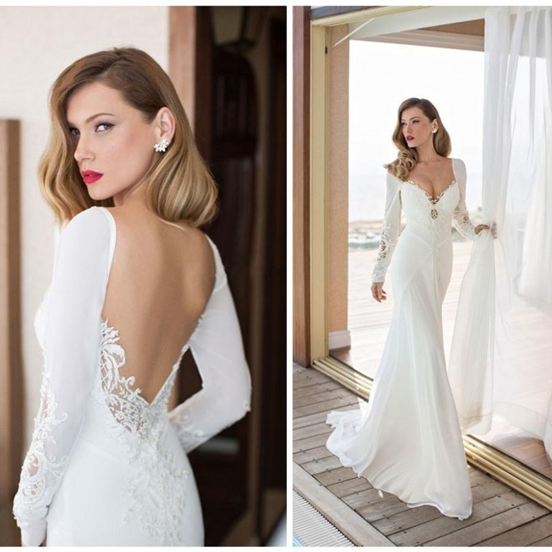 New Arrival 2020 Sexy Backless Mermaid Wedding Dresses Vestido De Noiva Long Sleeve Appliques Lace Chiffon Wedding Dress Robe De Mariee