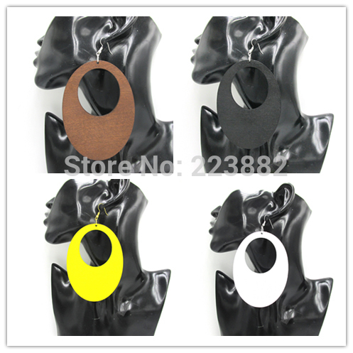 5pairs/lot Dangle Big size 4 inch Oval Flat Wooden Earrings can mixed 4 colors