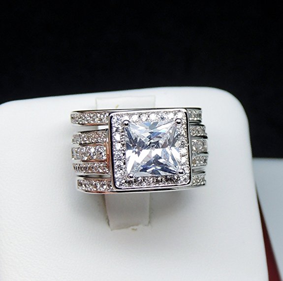Stunning 10KT White Gold Filled Princess Cut Topaz CZ Dia 3-in-1 Ring Set for Women (Size 5-10)