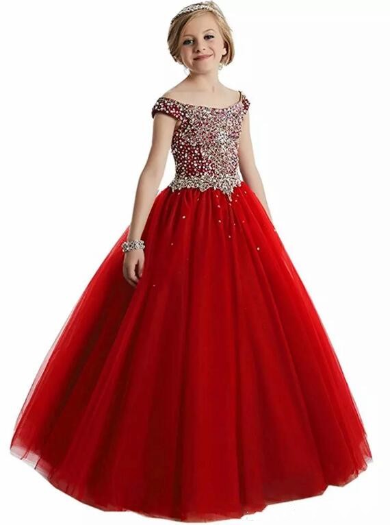 Crystals Beaded A Line Tulle Girls Pageant Dresses Off Shoulders Corset Back Floor Length Flower Girl Dress Pageant Gowns For Girls