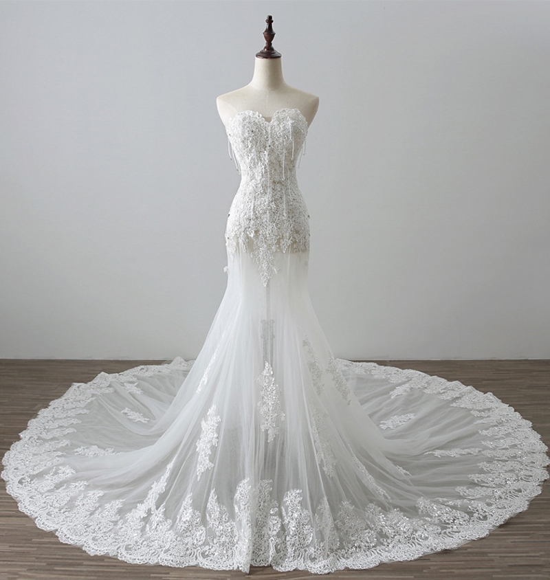 vestido de noiva New Strapless Mermaid Tulle Wedding Dresses Appliques Crystal Long Bridal Gowns Wedding Gowns robe de mariage Plus Size