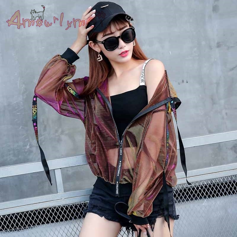 Summer Women Jacket Harajuku Sun Protection Clothing Laser Hologram Sunproof See Through Loose Hooded Zipper Coat Sunscreen Oute L18100904