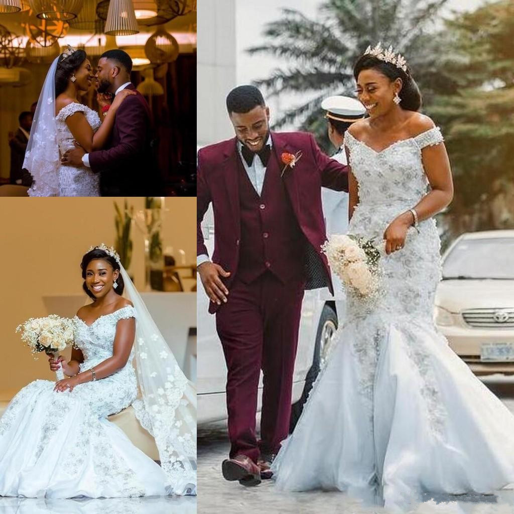 Saudi Africa Plus Size Wedding Dresses Off The Shoulder Appliques Beaded Mermaid Wedding Dress Sweep Train Lace Up Back Bridal Gowns