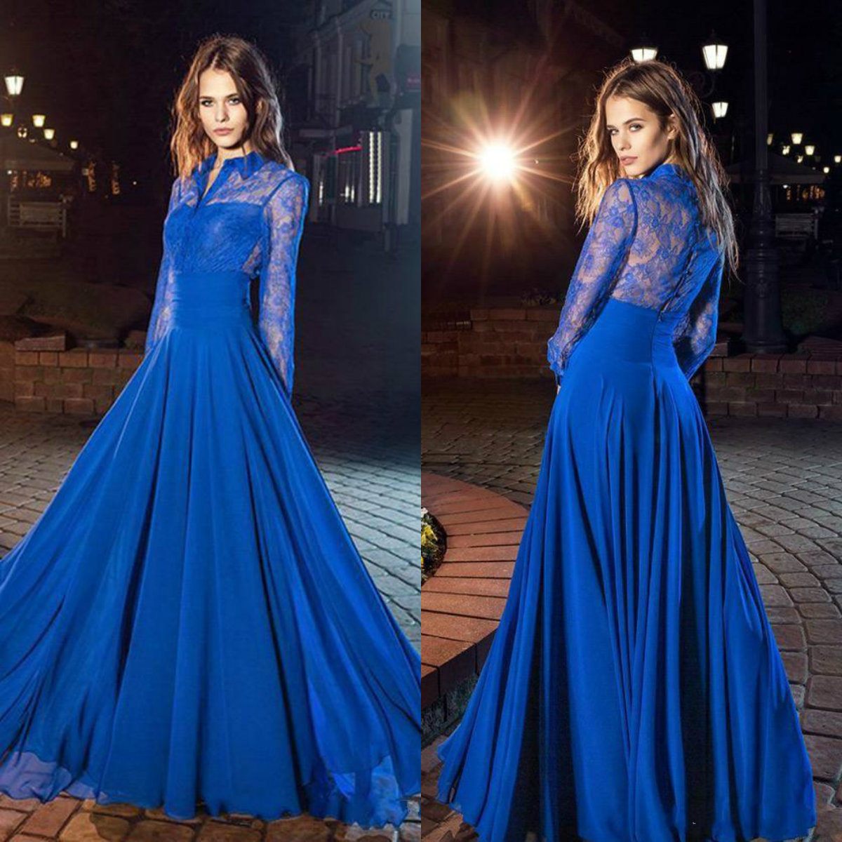 Fancy Lace Sheer Evening Dresses With Long Sleeves Chiffon Illusion Arabic Prom Dress Formal Robe De Soiree
