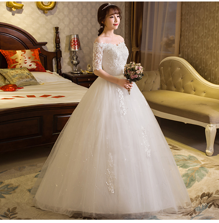 Real Photo Wedding Dress 2017 Autumn Half Sleeve Boat Neck Lace Appliques Ball Gown Off The Shoulder Princess Vestidos De Novia