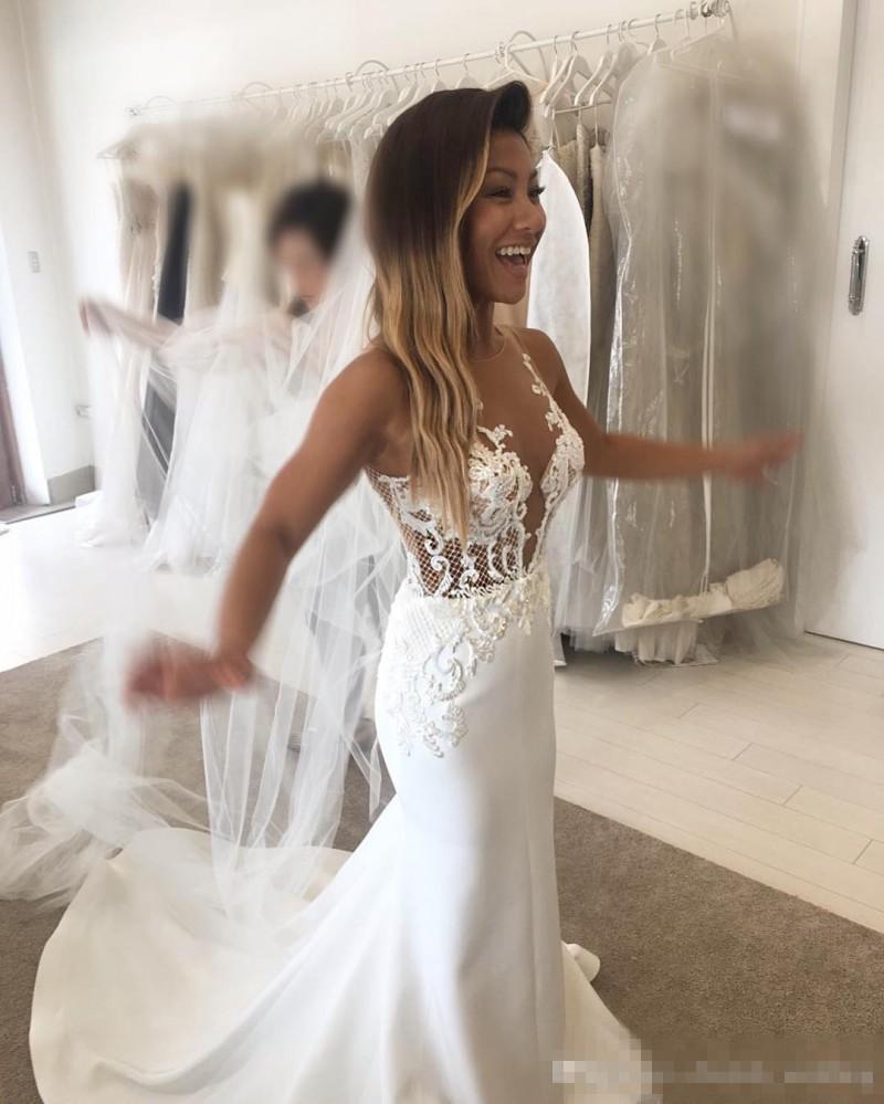 Lace Mermaid Wedding Dress With Illusion Bodice, Satin Sweep Train & Backless Design