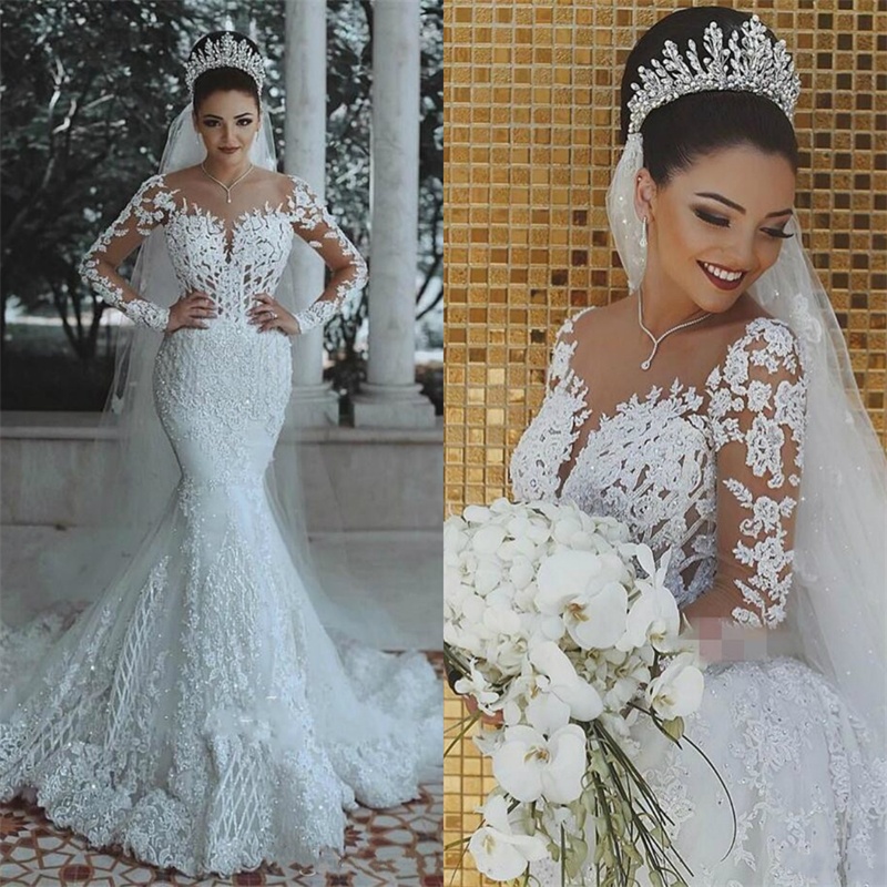 Latest Mermaid Wedding Dresses Detachable Train Long Sleeves Applique Lace Bridal Gowns Vestios De Novia South Africa Bride Dress