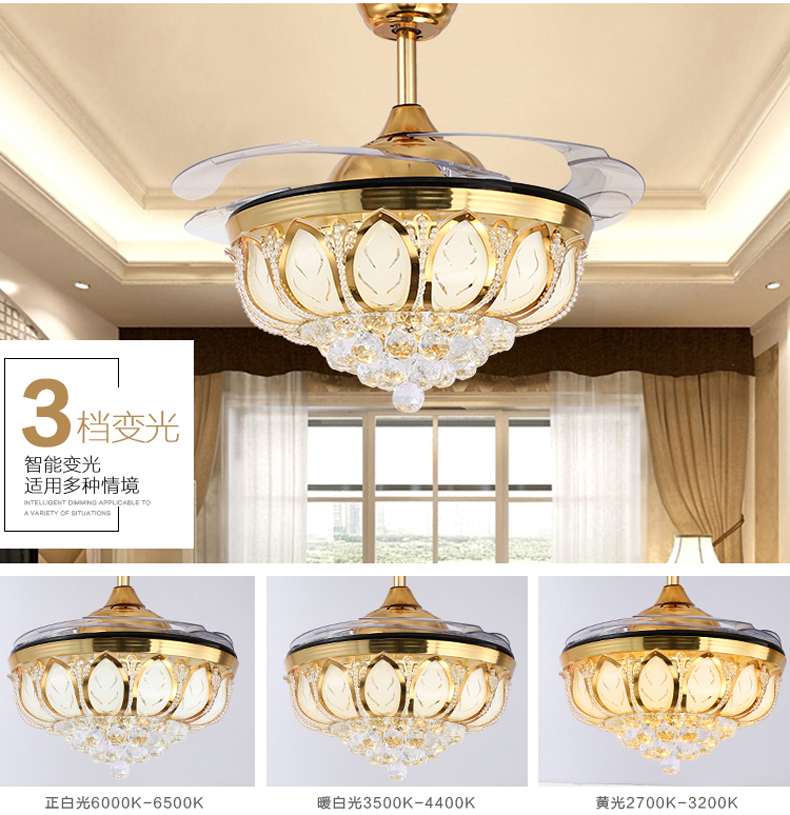 Hot LED Ceiling Invisible Fan Lights Timing Remote Control Warm White Light Pendant Lamp Remote Control Crystal