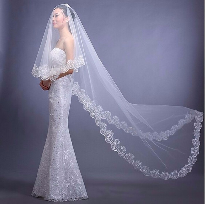 Lace Wedding Veil Cathedral Accessories about 3 M Long Voile Mariage Cotton Cheaps Simple Vail Bride Veils