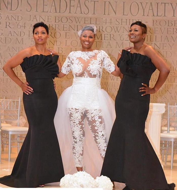 Wedding Jumpsuit Beach Dresses with Detachable Train See Through Lace Bodice Plus Size Nigerian African Bridal Gowns