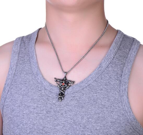 new Domineering men stainless steel double dragon cross necklace stylish set with diamond titanium steel pendant popular hot fashion