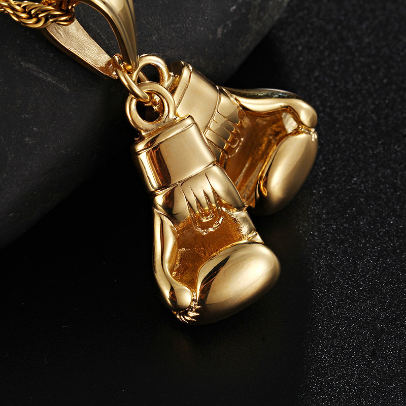 Men's Sport Pair Boxing Glove Pendant Necklace Fitness Stainless Steel Workout Jewelry 18K Gold Plated