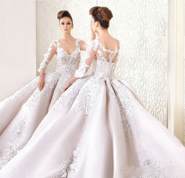 Luxury Chapel Wedding Dress V Neckline Long Sleeve Lace Floral Appliques Crystal Cathedral Train Bridal Gowns Custom Made