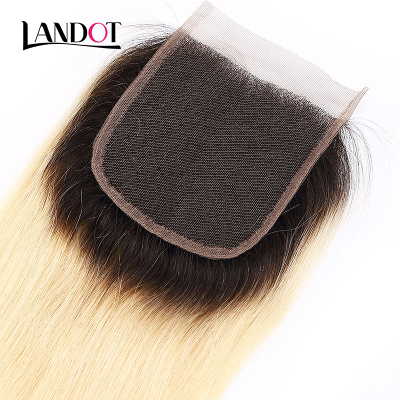 9A Ombre 1B/613# Bleach Blonde Lace Closures With 3 Bundles Brazilian Straight Virgin Human Hair Weaves Peruvian Malaysian Hair Extensions