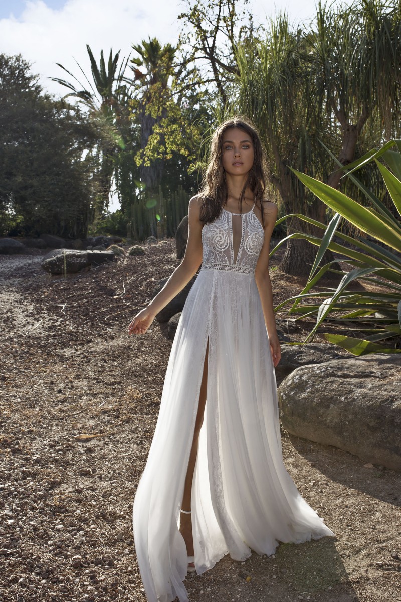 Asaf Dadush Beach Bohemia Wedding Dresses 2018 High Side Split Halter Neck Backless Chiffon Bridal Gowns Boho Lace Appliqued Wedding Dress