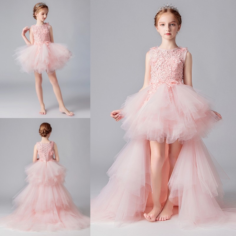 Latest Unique Design Multi Layers Pretty Kids Dresses With Detachable Train Sleeveless Ball Gown Pink And Blue Lovely Girl Dresses