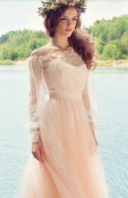 2018 Fall Lace Long Sleeves Wedding Dress With Off Shoulder Floral Applique Beads Tulle Bridal Gowns Customized Cheap Wedding Dresses B.N