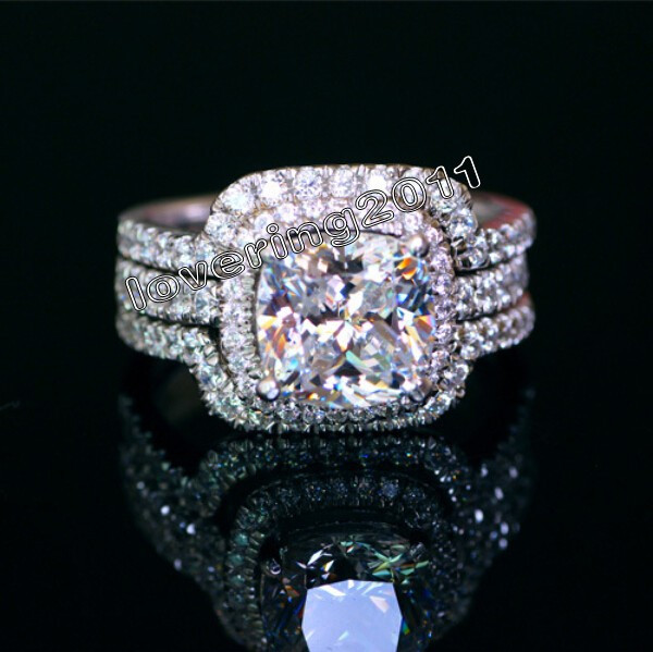 Victoria Wieck Cushion cut 8mm Diamond 10KT White Gold Filled Lovers 3in1 Engagement Wedding Ring Set Sz 511