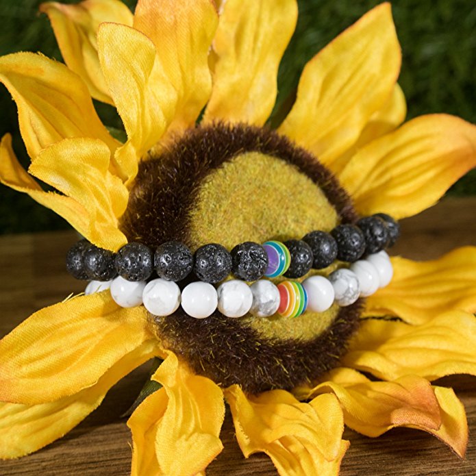 LGBT Relationship Bracelet 2 Pieces White Howlite, Black Lava Rock, Rainbow Resin Oil Diffuser Beads Gay Couples Strong Cord Handmade