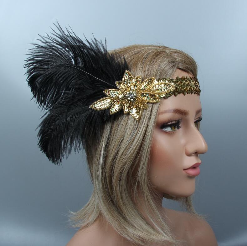 1920s Great Gatsby Black Bridal Headband feather Beauty Girl Peacock Feather Wedding Queen Headband Prom Princess Birthday Party