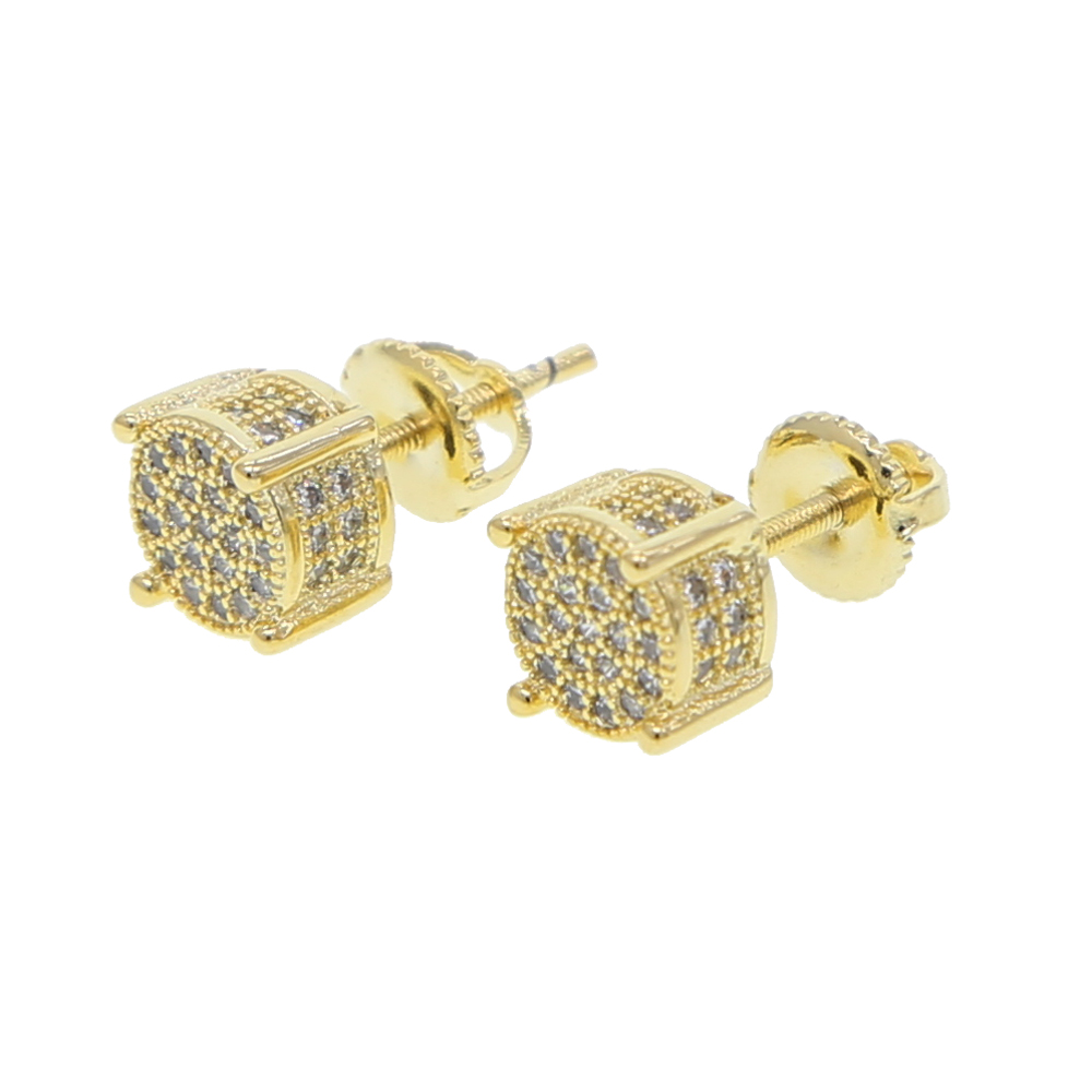 Hip Hop Round Men's Gold Screw Back Stud Earrings, 2024 Iced Out Square CZ Micro Paved 4