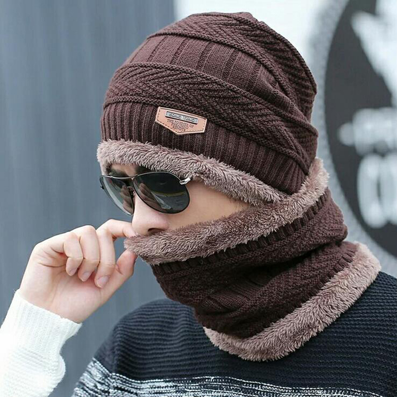 Black hat scarf two-piece cap Neck warm winter hat knitted Caps men Caps men's knitted cap Fleece Knit hats Skullies Beanies D18110601
