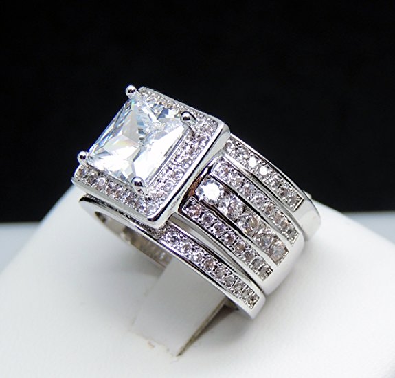Stunning 10KT White Gold Filled Princess Cut Topaz CZ Dia 3-in-1 Ring Set for Women (Size 5-10)
