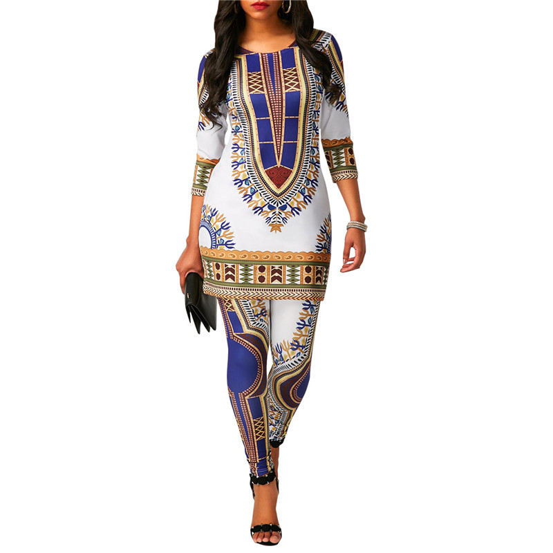 

Women African National Totem Print Dashiki Two Piece Set with Sleeve Long T Shirt Top+Pants Leggings Indie Folk 2 Piece Outfits, White