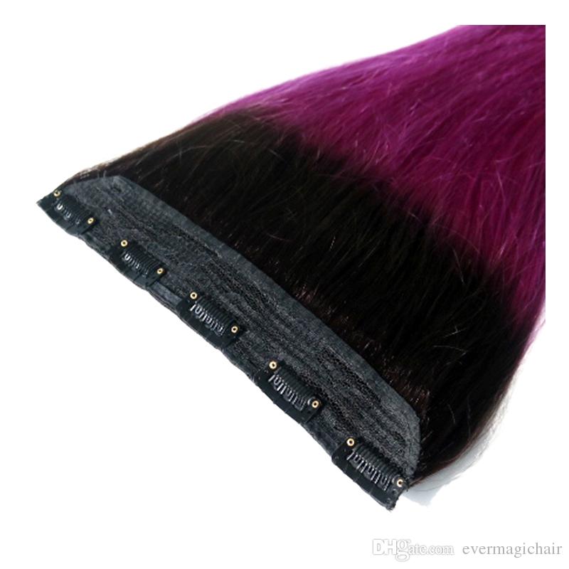 Hot Selling Wholesale 1B/violet Straight One Piece Clip In Human Hair Extensions 5Clips With Lace Remy Human Hair