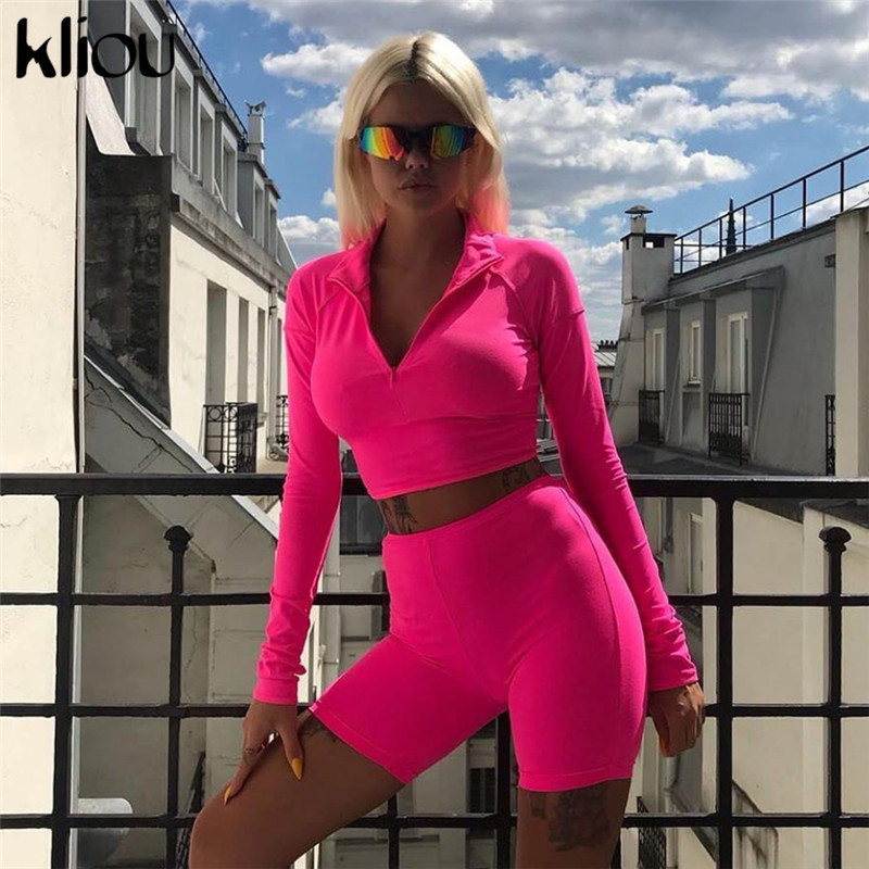 Kliou New Female Fluorescence Fitness Two Pieces Sets 2018 Autumn Full Sleeve Zipper Turtleneck Tops And High Waist Shorts Suits D18103105