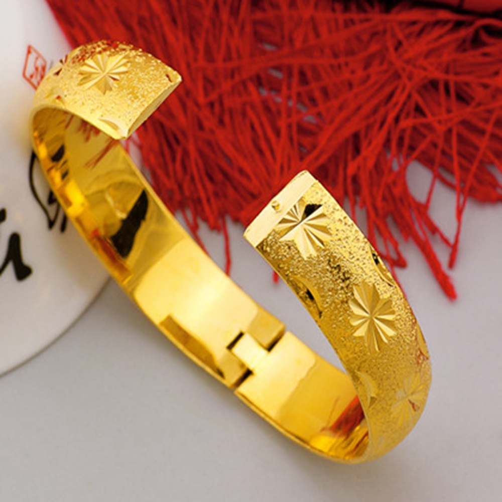 Thick Bangle 15mm Wide 18k Yellow Gold Filled Star Carved Womens Bangle Wedding Jewelry Gift Dia 60mm