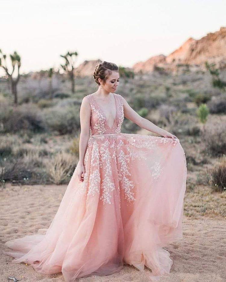 Deep V Neck Blush Pink Country Dresses Tulle Lace Applique Beaded Backless Boho Bridal Gowns A e Bohemian Wedding Dress