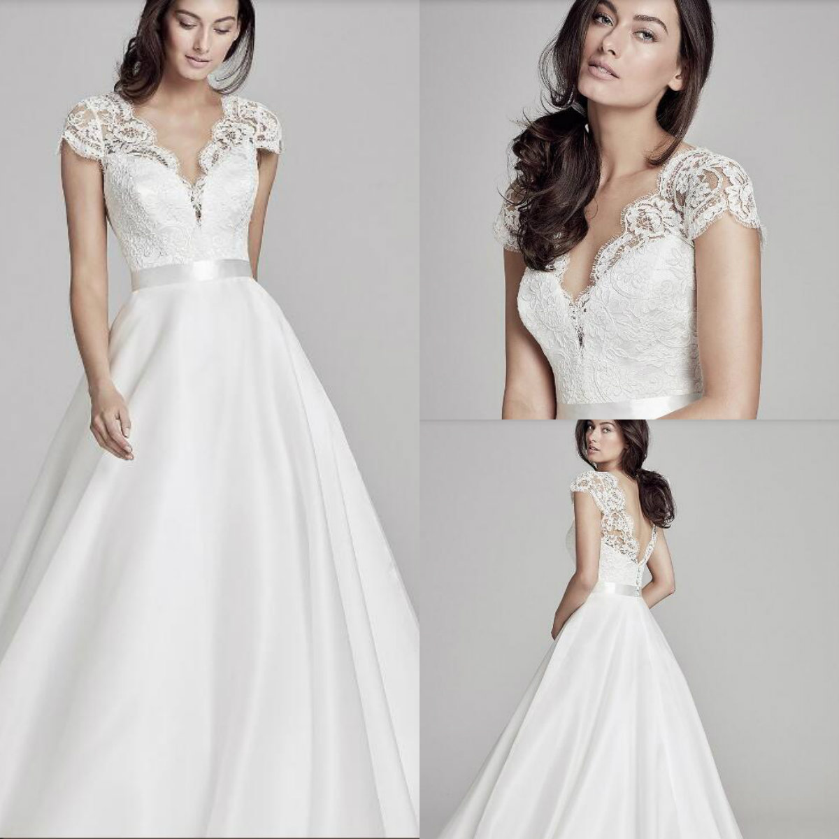 2019 Lace V Neck Wedding Dress Short Cap Sleeves Satin Backless Bridal Gowns Plus Size Wedding Dresses D891102