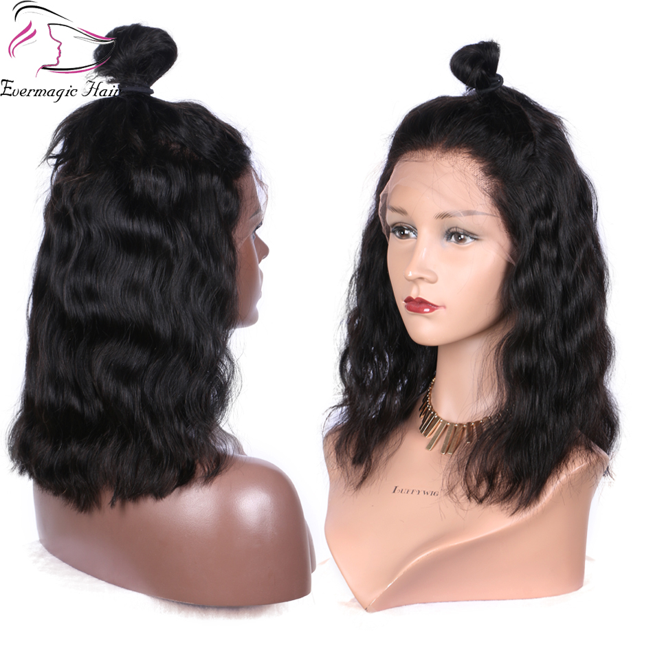 Evermagic 13x6 Short Bob Lace Front Wigs Human Hair Natural Wave Indian Non-remy Natural Black Pre Plucked Bleached Knots For Women