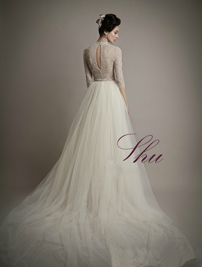 A e High Neck Beach Dresses Lace Appliques Beaded Pearls Long Sleeve Boho Wedding Gowns Custom Made Plus Size Bridal Dress