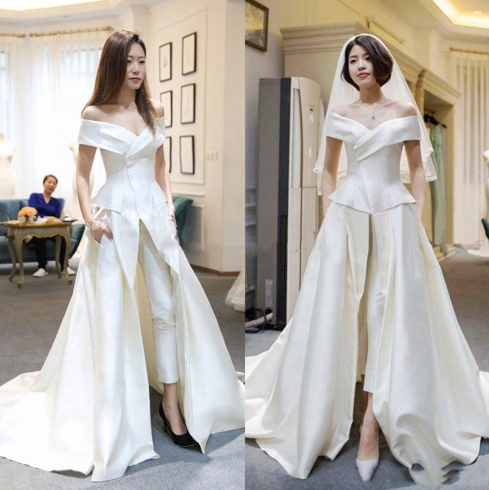 Elegant Ivory Off Shoulder Evening Dresses Women Formal Jumpsuits Detachable Overskirt Split Front Prom Dress 2023 Pants Suits Vestidos Reception Gown
