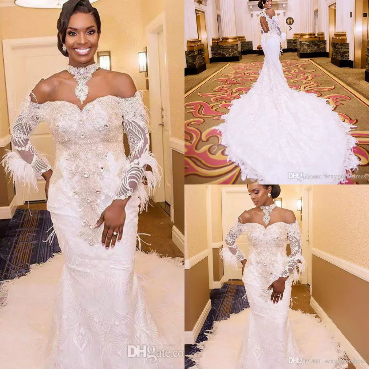 Mermaid Dresses Off The Shoulder High Neck Lace Appliques Bg Crystal Plus Size Wedding Dress Long Sleeve Bridal Gowns