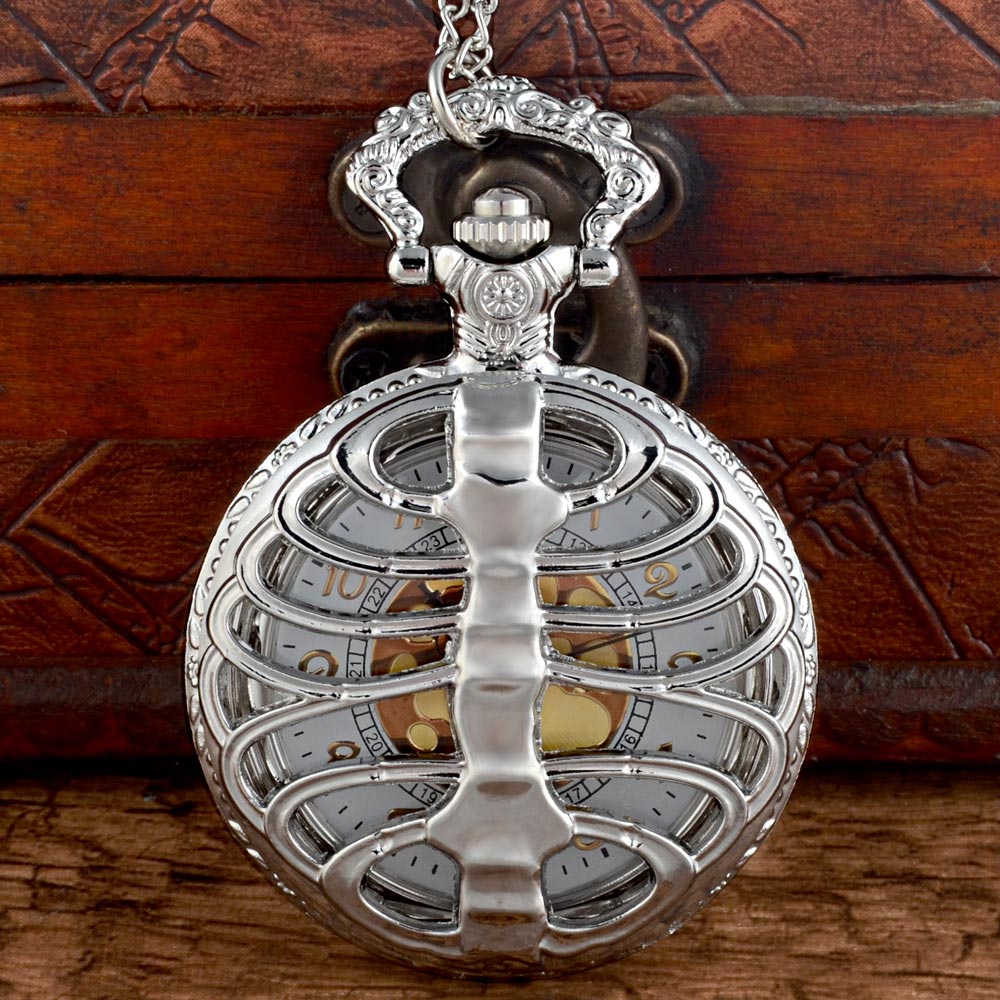 

New Arrivals Silver Steampunk Spine Ribs Hollow Quartz Pocket Watch Chains Vintage Men Women Skull Pendant Necklace Clock Gift, As pic