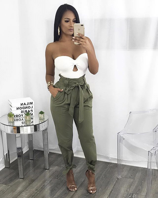 Women Casual High Waist Pants Solid Color Bandage Design Harem Pants Fashion Trousers with Sashes