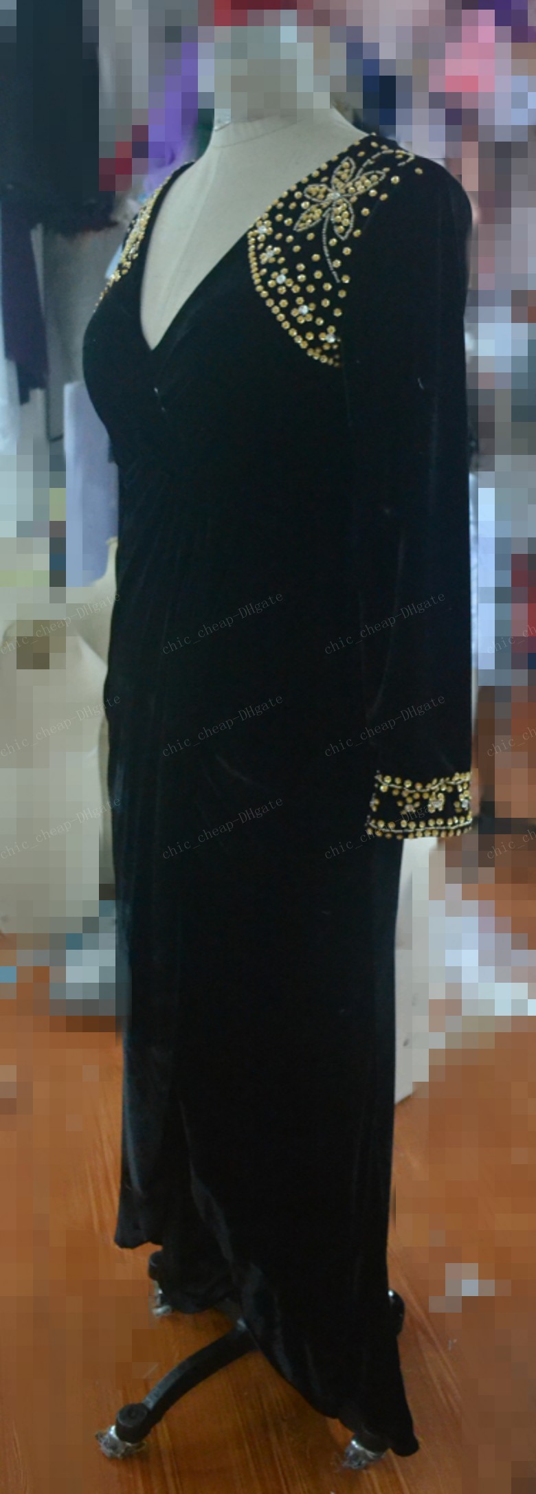 vneck long sleeves velvet crystal floor length sexy evening dresses custom made vintage evening gowns arabic prom dresses