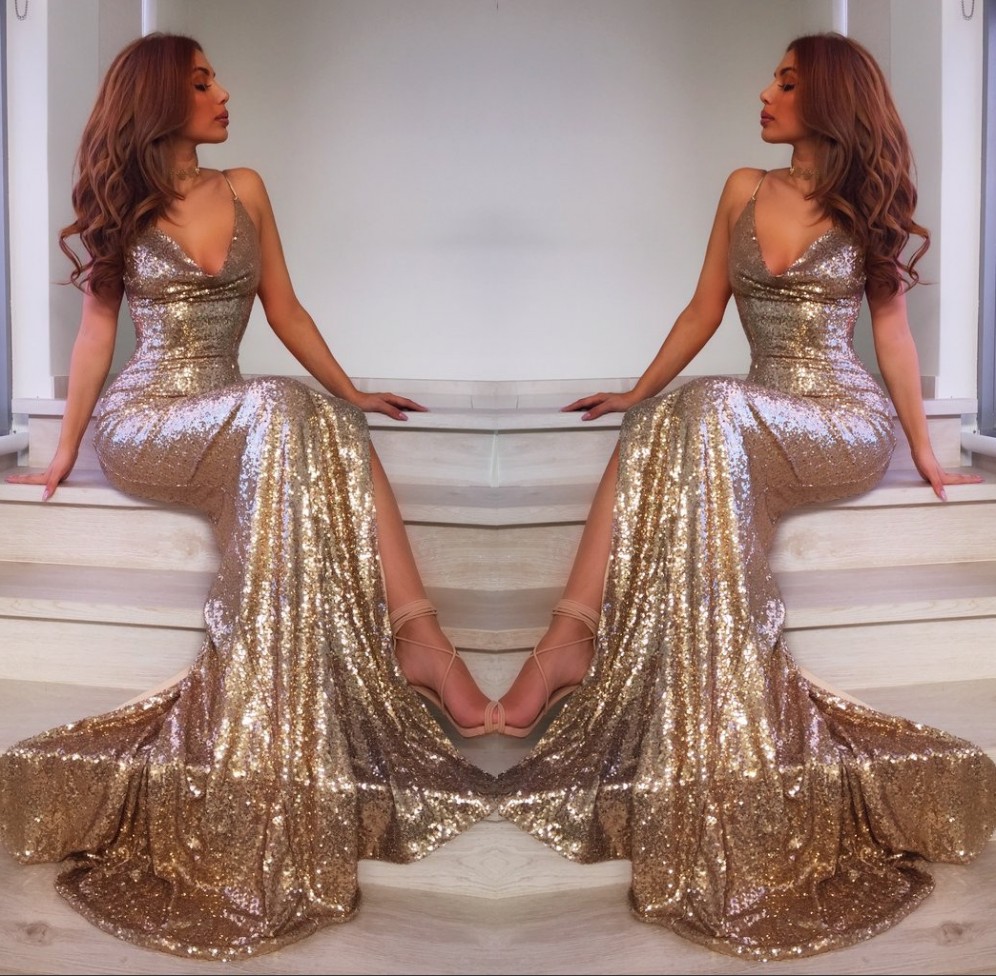 Sexy Sparkling Gold Sequined Mermaid Prom Party Dresses Custom Made V Neck Backless Slit Women Pageant Evening Gowns Formal, Dark navy
Sexy Sparkling Gold Sequined Mermaid Prom Party Dresses Custom Made V Neck Backless Slit Women Pageant Evening Gowns Formal, Dark navy
