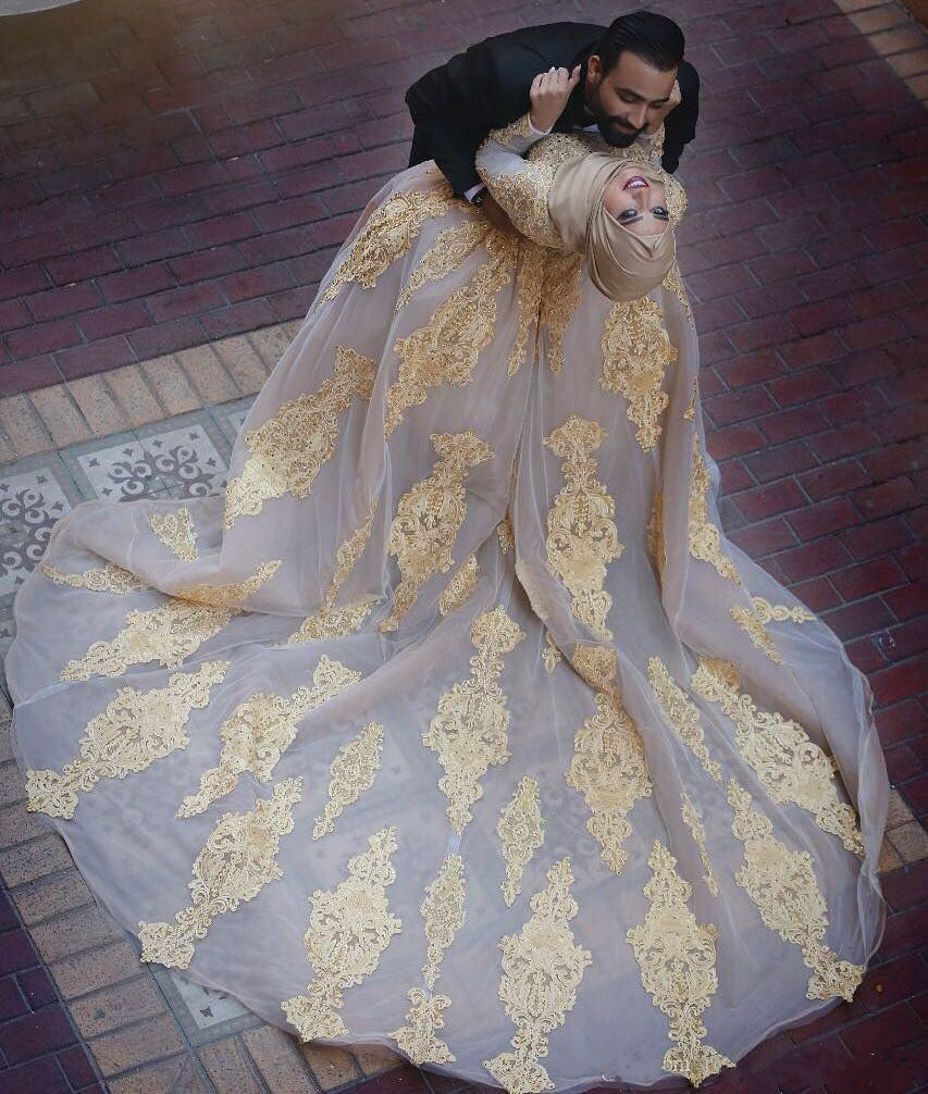 muslim beaded wedding dresses with detachable train bridal gowns gold lace appliqued blush pink tulle long sleeves country bride dress