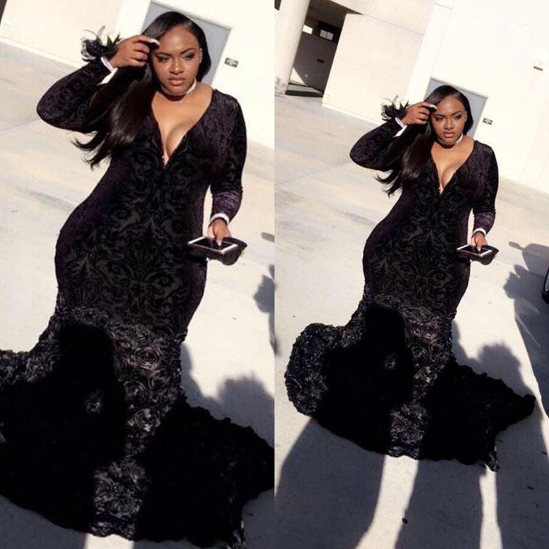Black Plus Size Lace Formal Evening Dresses Sexy Deep V Neck Long Sleeve Mermaid Prom Gowns 3D ral Appliqued Party Dress