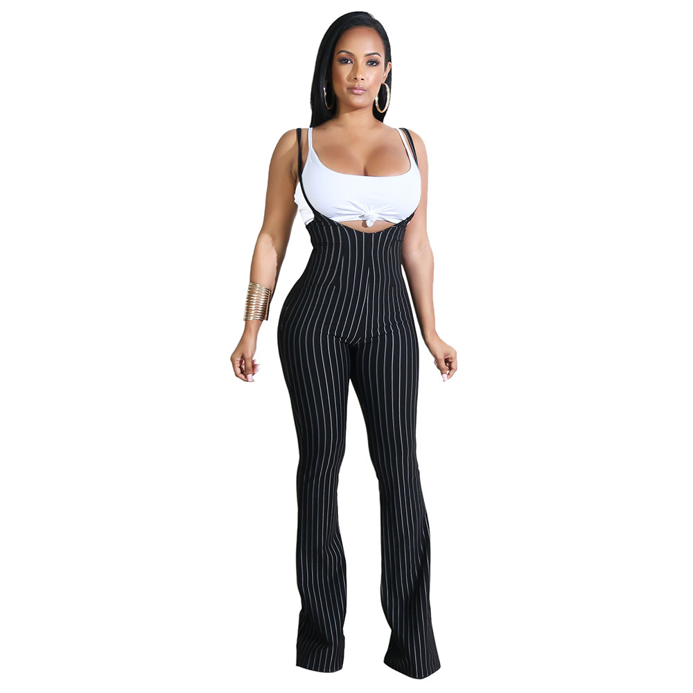 SexeMara Black Striped Casual 2 Piece Set Women Summer Outfits Sexy Spandex Crop Top and Sling Long Flare Pants Suit D35-AD22