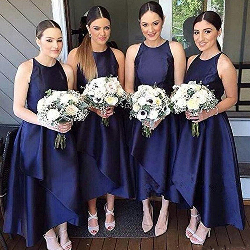 Navy Blue Country Bridesmaid Dresses Sleeveless Satin High Low A-line Simple Maid Of Honor Dress Evening Party Gowns Formal Prom Dress