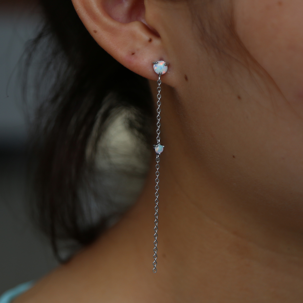 Elegant elegance girl tassel drop chain earring white fire opal gemetone women girl 925 sterling silver thread ear wire jewelry
